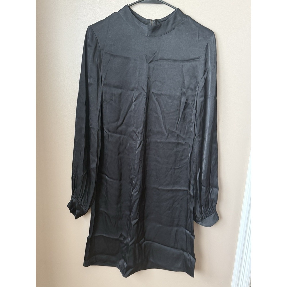 Boden Satin Midi Shift Dress High Neck Bishop Sleeve Minimalist Elegant Classic
